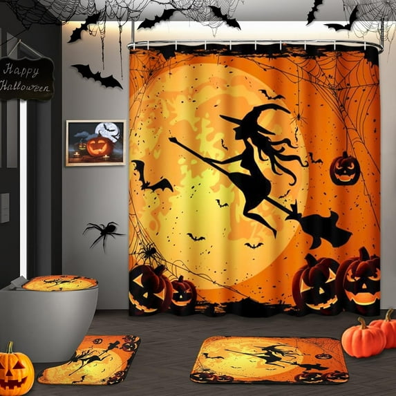Halloween Cute Cat 4PC Shower Curtain Set with Rugs Black Spider Web Bathroom Curtains Shower with Non-Slip Rug Toilet Lid Cover Bath Mat and 12 Hooks 72x72 inches