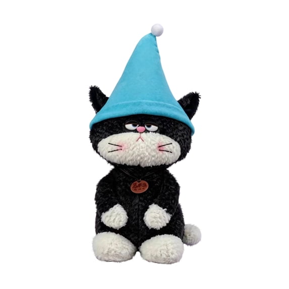 Halloween Cute Cat Plush Toys, Black and White Cat Stuffed Animals with Blue Pointed Hat for Indoor Home Display, Halloween Party Decorations and Holiday Present for Plush Toy Enthusiasts