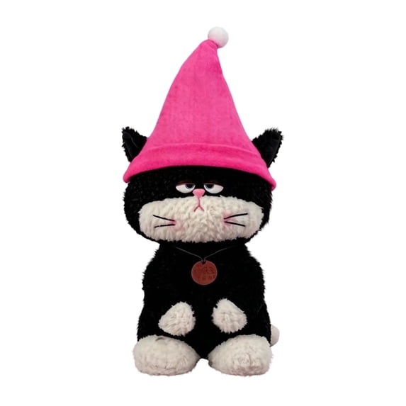 Halloween Cute Cat Plush Toys, Black and White Cat Stuffed Animals with Pink Pointed Hat for Indoor Home Display, Halloween Party Decorations and Holiday Present for Plush Toy Enthusiasts