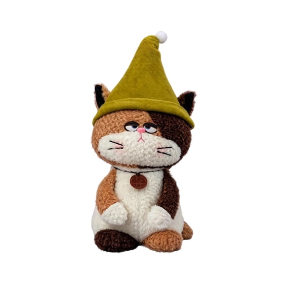 Halloween Cute Cat Plush Toys, Tricolor Cat Stuffed Animals with Lime Pointed Hat for Indoor Home Display, Halloween Party Decorations and Holiday Present for Plush Toy Enthusiasts