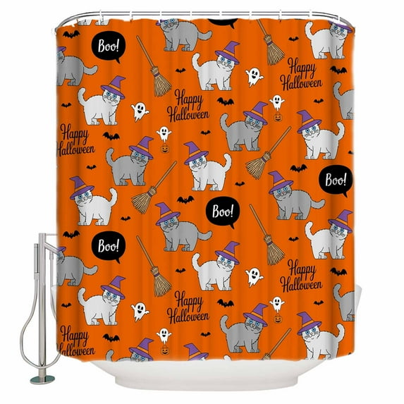 Halloween Cute Cat Shower Curtain Set ,Waterproof Fabric Shower Curtains Vintage Ghost Broom Orange Decoration Shower Curtains for Bathroom,Bathroom Decor 60"x72"