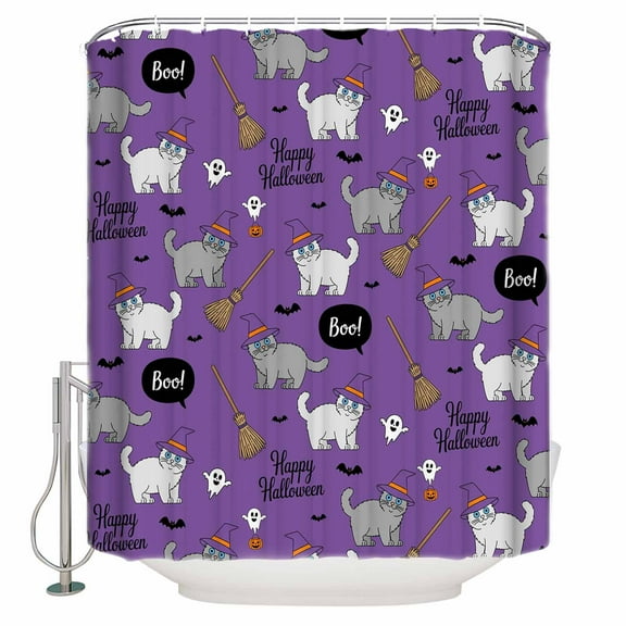 Halloween Cute Cat Shower Curtain Set ，Waterproof Fabric Shower Curtains Vintage Ghost Broom Purple Decoration Shower Curtains for Bathroom,Bathroom Decor 54x"78"