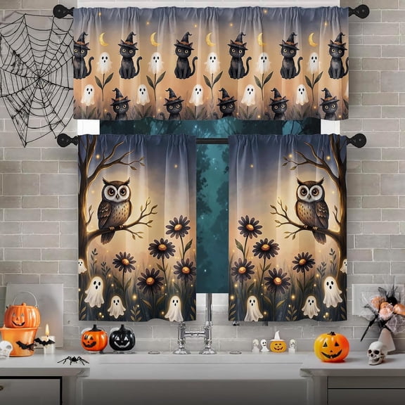 Halloween Cute Cat Window Curtains and Valances Set 36 Inch, Owl Ghost Moon Floral Short Tier Curtain for Cafe Living Room Bathroom, Halloween 3 Pieces Set Kitchen Decor