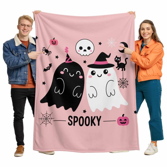 Halloween Cute Flannel Blanket for Bed,Travel and Camping, Pink Black Spooky Ghost Skeleton Bug Cowweb Super Soft Cozy Blanket for All Seasons 30"x40"