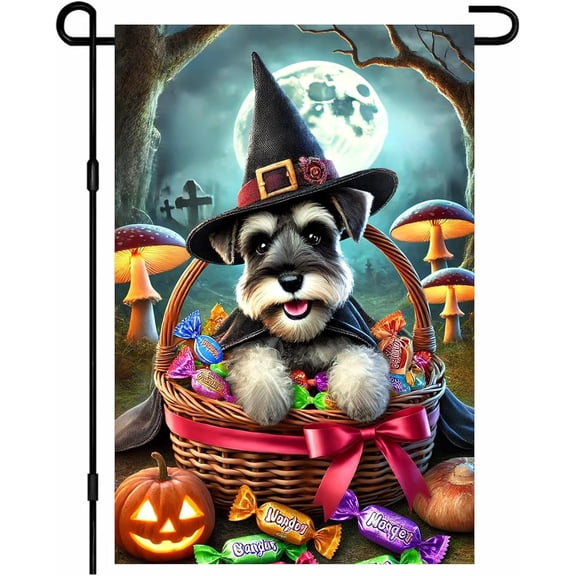 Halloween Cute Garden Flag 12x18 Inch Candy Witch Dog Basket Outdoor Yard Decoration House Banner for Porch Lawn Patio Home Decor