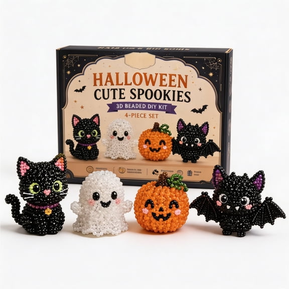 Halloween Cute Ghost 3D Beaded Kit, 4 Pieces Mini Beaded Animal Set, Craft Lover Beginner, Handmade Creative Jewelry Art Craft Kit, Festive Decor for Party Home Desk