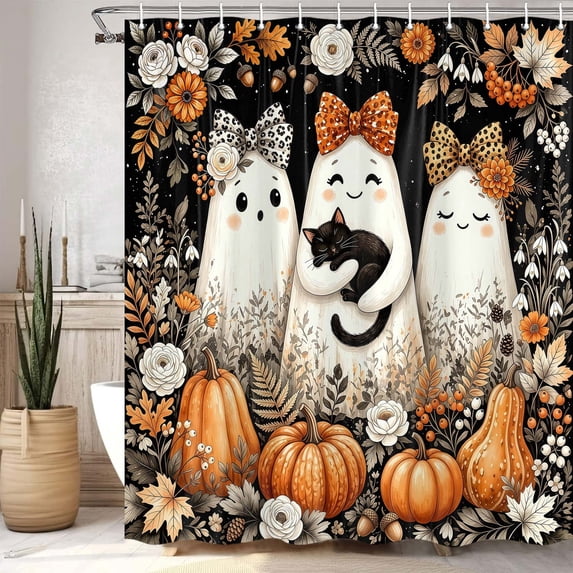 Halloween Cute Ghost Black Cat Shower Curtain, Fall Orange Pumpkin Floral Maple Leaf Bathroom Curtain, Autumn Halloween Waterproof Polyester Shower Curtain Set with Hooks for Bathroom Decor,70X70IN