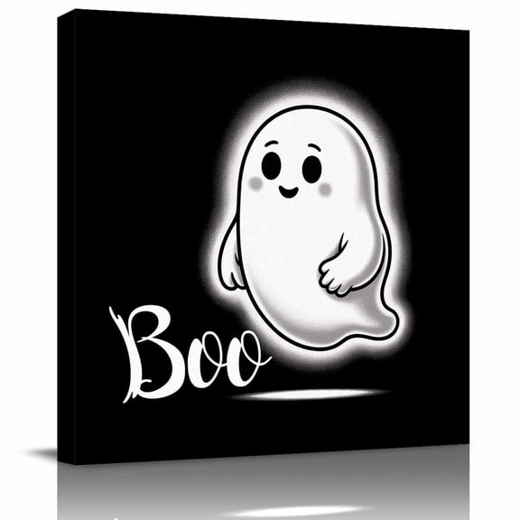 Halloween Cute Ghost Boo Canvas Artwork Painting Art, Black and White Square Framed Wall Decorations Prints Picture for Bedroom Kitchen Living Room, 12x12 in