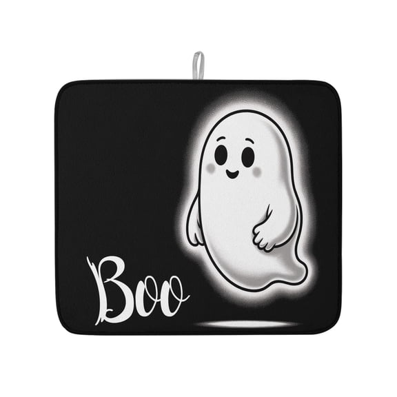 Halloween Cute Ghost Boo Dish Drying Mats for Kitchen Counter,Absorbent Microfiber Dish Drainer Rack Mat Black and White Drying Pad for Sinks,Utensils,Countertops,16x18in