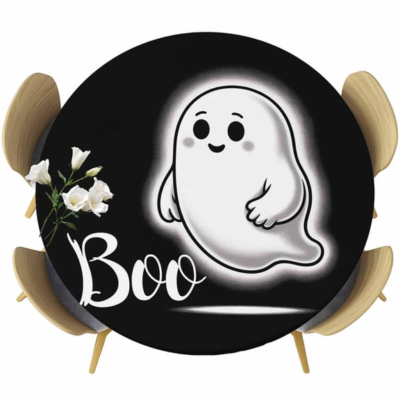 Halloween Cute Ghost Boo Fitted Round Tablecloths Elastic Edged Table Covers 45"-54",Waterproof Table Cloth for Kitchen Holiday Party Tables Decor