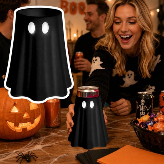 Halloween Cute Ghost Can Cooler Holder with Matching Ghost Bottle Opener,Insulated Plastic Beverage Can Sleeve for Standard Beer Soda Cans,Spooky Desktop Table Decor, Reusable Party Bar Holiday Gift