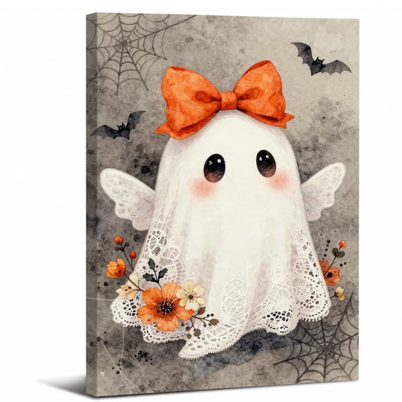 Halloween Cute Ghost Canvas Wall Art Framed,Spooky Cute Floral Ghost Autumn Landscape canvas print for bathroom bedroom or living room decor,8x12in