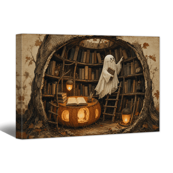 Halloween Cute Ghost Canvas Wall Art Pumpkin Lantern Library Picture Print, Abstract Rustic Paintings Vintage Artwork for Living Room Bedroom Home Office Decor