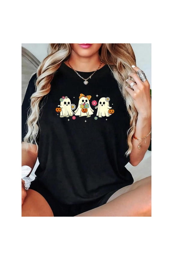 Halloween Cute Ghost Floral T Shirt Groovy Vintage Graphic Tee Season Short Sleeve Round Neck Black S-5XL