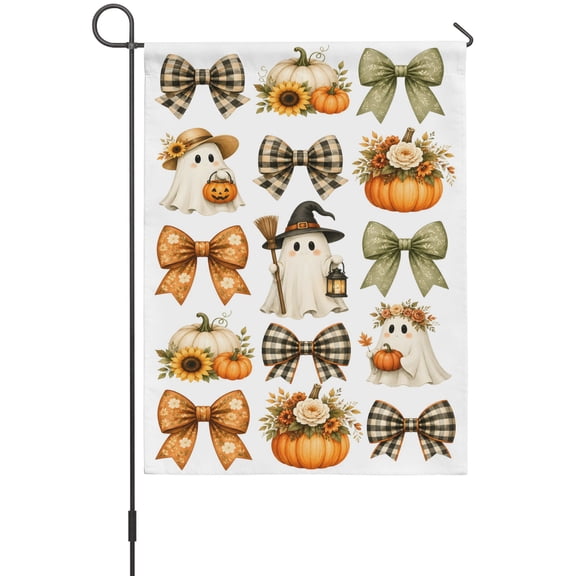 Halloween Cute Ghost Garden Flag 12 x 18 Inches, Funny Spooky Wreath Pumpkin Plaid Bow Sunflower Weather Proof Outdoor Patio Flags Double Sided Small Garden Decoration for Yard Outside Home