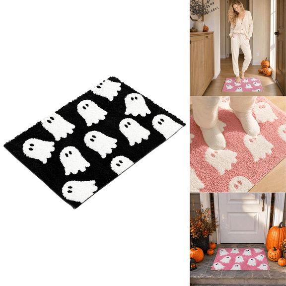 Halloween Cute Ghost Halloween Bath Mat Non Slip Washable Microfiber Tufted Spooky Ghost Preppy Girls Kids Fall Halloween Bath Rug Aesthetic Groovy Bathroom Decorations 1pc. Black