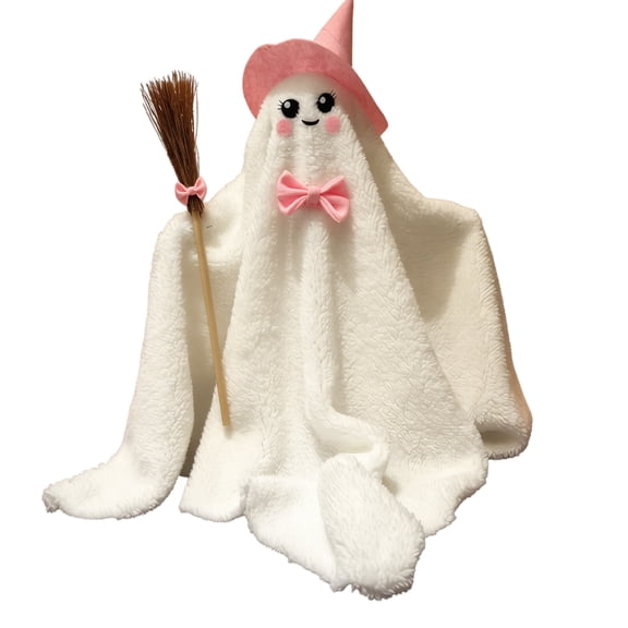 Halloween Cute Ghost with Hat and Broom, 22 Inch Snow Flannel Soft Fabric Figurine for Shelf Table Decor and Witch Style Ornament, Friendly Ghost with Witch Accessories for Party