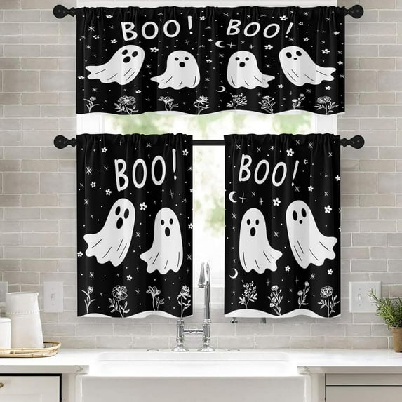 Halloween Cute Ghost Kitchen Window Curtains Valance and Tier Set 36 Inch, Funny Boo Black 3 Piece Window Treatment Tiers for Living Room Bedroom Kitchen Decor Drapes