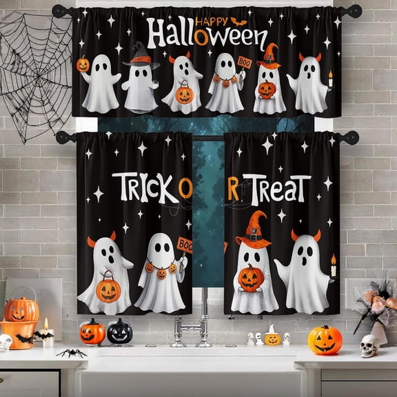 Halloween Cute Ghost Kitchen Window Curtains and Valances Set 36 Inch, Trick or Treat Pumpkin Boo Short Tier Curtain for Cafe Living Room Bathroom, Halloween Black 3 Pieces Set Kitchen Decor