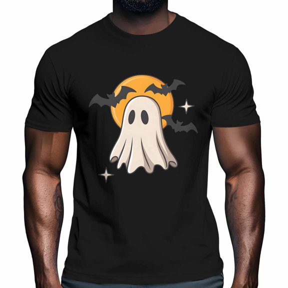 Halloween Cute Ghost Men's T Shirts Bat Moon Stars Simple Cartoon Night Sky T-Shirt for Men Crew Neck Tees Cotton Tops Black, 2XL