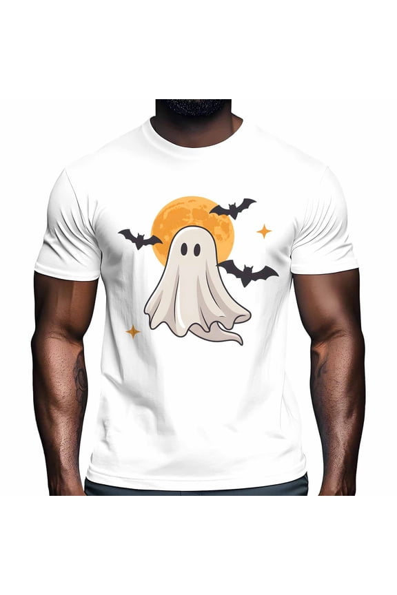 Halloween Cute Ghost Men's T Shirts Night Sky Bat Moon Stars Simple Cartoon T-Shirt for Men Crew Neck Tees Cotton Tops White, M