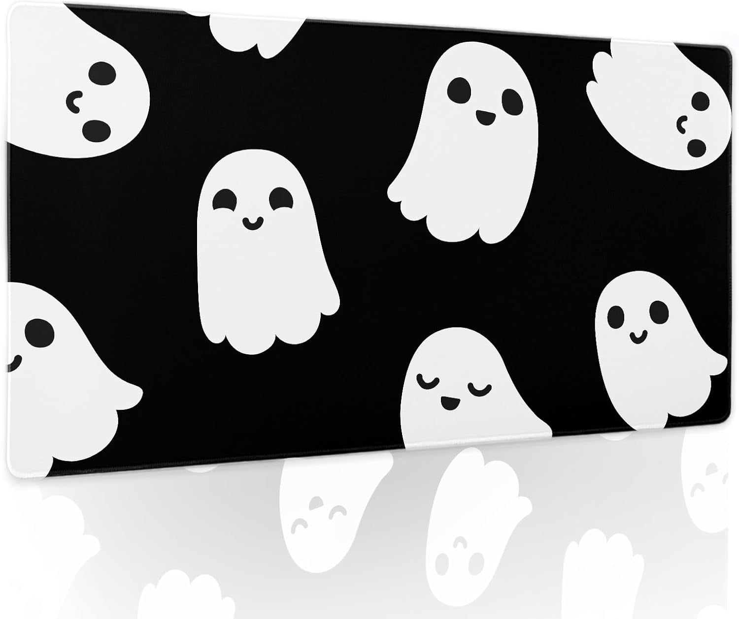 Halloween Cute Ghost Mouse Pad Large Cartoon Spooky Funny Spirit Extended Desk Mat Non-Slip Rubber Base Stitched Edge Large XL Black White Mousepad for Desk Gaming Laptop Desktop,24x14 Inch