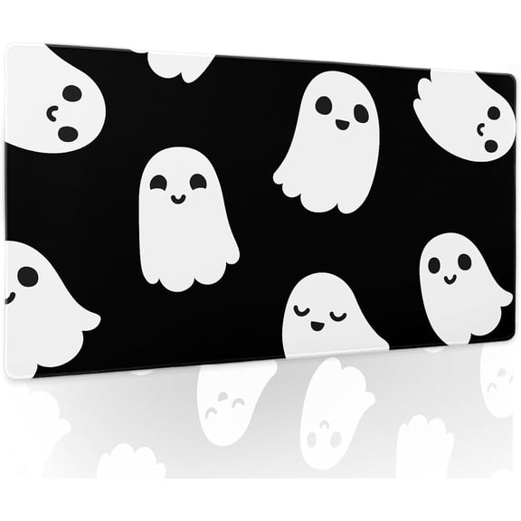 Halloween Cute Ghost Mouse Pad Large Cartoon Spooky Funny Spirit Extended Desk Mat Non-Slip Rubber Base Stitched Edge Large XL Black White Mousepad for Desk Gaming Laptop Desktop,24x14 Inch