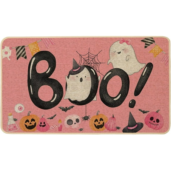 Halloween Cute Ghost Pink Doormat Rug 17x29 Inch, Boo Pumpkins Welcome Decorative Front Door Mat Indoor Outdoor Non Slip Rubber Backing Fall Seasonal Entryway Kitchen Floor Decoration