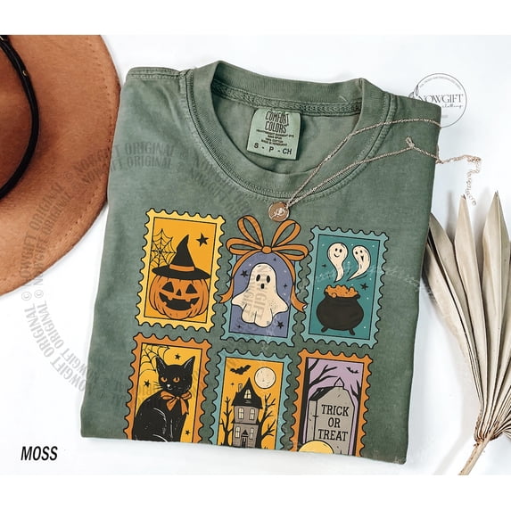 Halloween Cute Ghost Pumpkin Cat Comfort Colors T-Shirt, Women's Halloween Shirt, Fall Spooky Cat,Moss Color,Size XL