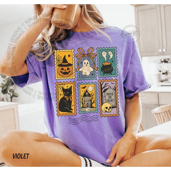 Halloween Cute Ghost Pumpkin Cat Comfort Colors T-Shirt, Women's Halloween Shirt, Fall Spooky Cat