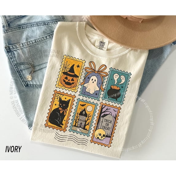 Halloween Cute Ghost Pumpkin Cat Comfort Colors T-Shirt, Women's Halloween Shirt, Fall Spooky Cat