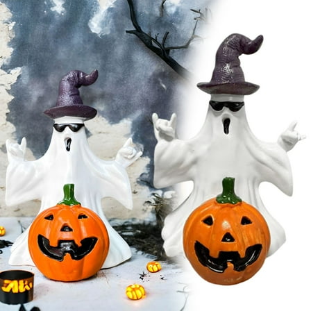 Halloween Cute Ghost & Pumpkin Resin Figurines - Playful Rocker Ghost with Witch Hat, Indoor/Outdoor Porch Decor for Home, Festive Halloween Decoration