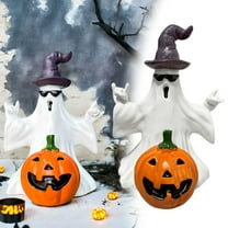 Halloween Cute Ghost & Pumpkin Resin Figurines - Playful Rocker Ghost with Witch Hat, Indoor/Outdoor Porch Decor for Home, Festive Halloween Decoration