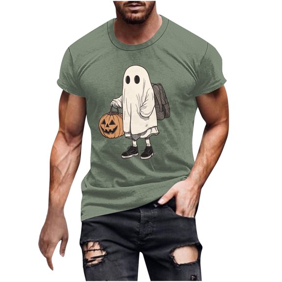 Halloween Cute Ghost Pumpkin T-Shirt Round Neck Short Sleeve Spooky Season Graphic Tops
