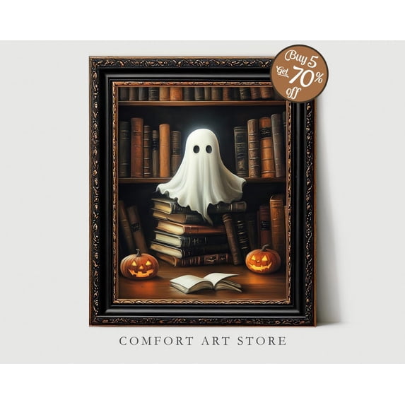 Halloween Cute Ghost Reading Book Vintage Gothic Spooky Carved Pumpkin ...