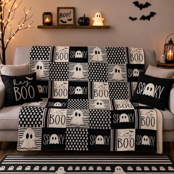 Halloween Cute Ghost Spooky Blanket Hey Boo Patchwork Blanket Throw Soft Flannel Black Horror Home Decor Gifts for Couch, Bed, and Haunted House Use, 50 x 60inch