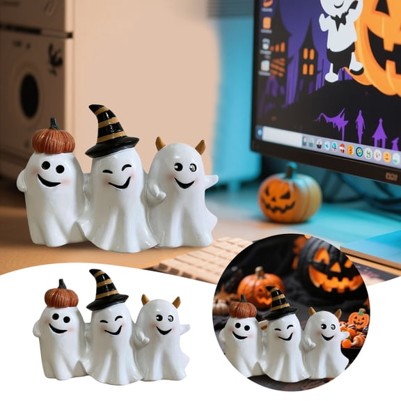 Halloween Cute Ghost Statue, Three People Holding Hands Resin Ghost Desktop Decoration, Suitable for Indoor Bookshelf Window Sill Decoration (White).
