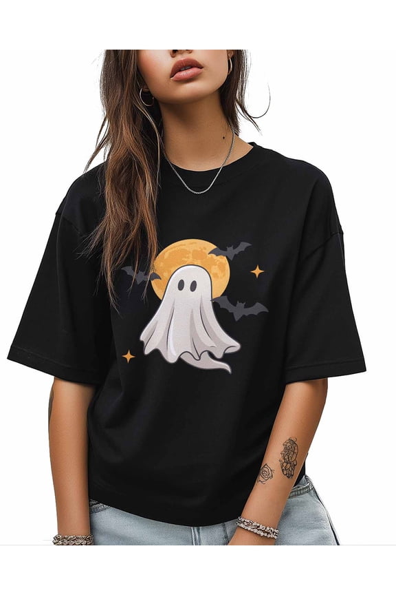 Halloween Cute Ghost T Shirts for Women Short Sleeve Cotton Crewneck T-Shirt Night Sky Bat Moon Stars Simple Cartoon Tee Tops Casual Basic T-Shirts, XS-5XL Black 5XL