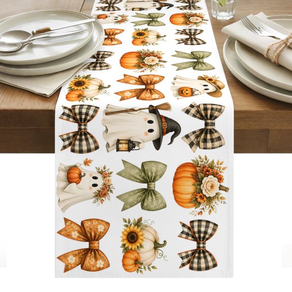 Halloween Cute Ghost Table Runner, Funny Spooky Wreath Pumpkin Plaid Bow Sunflower Washable Kitchen Table Runners for Dining Table Decorations Party/Restaurant/Indoor Outdoor Use, 13x60in