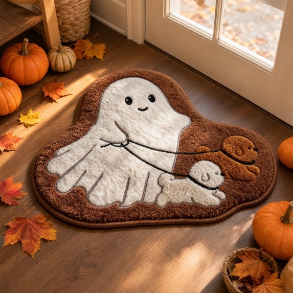 Halloween Cute Ghost Walking Dogs Shaped Doormat, Halloween Ghost Puppy Shaggy Bath Mat, Non Slip Fluffy Decorative Floor Rug, for Entryway, Bathroom, Fall Home Decor