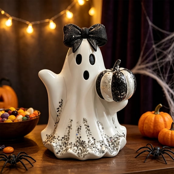Halloween Cute Ghost, White Resin Ghost Figurine with Black Sequin Bow & Sparkly Pumpkin, Spooky But Cute Desktop Ornament for Halloween Party Decor, Shelf & Mantel Display