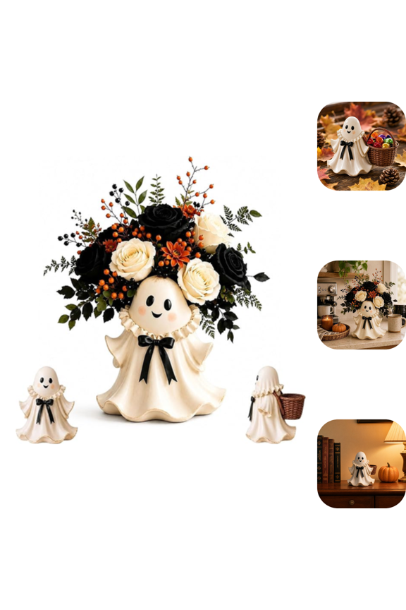 Halloween Cute Ghost Wicker Basket Tabletop Decor, Smiling Blush Ghost Resin Decor, Boho Kitchen Shelf Floral Accent Harmonize Halloween Blanket No-Light