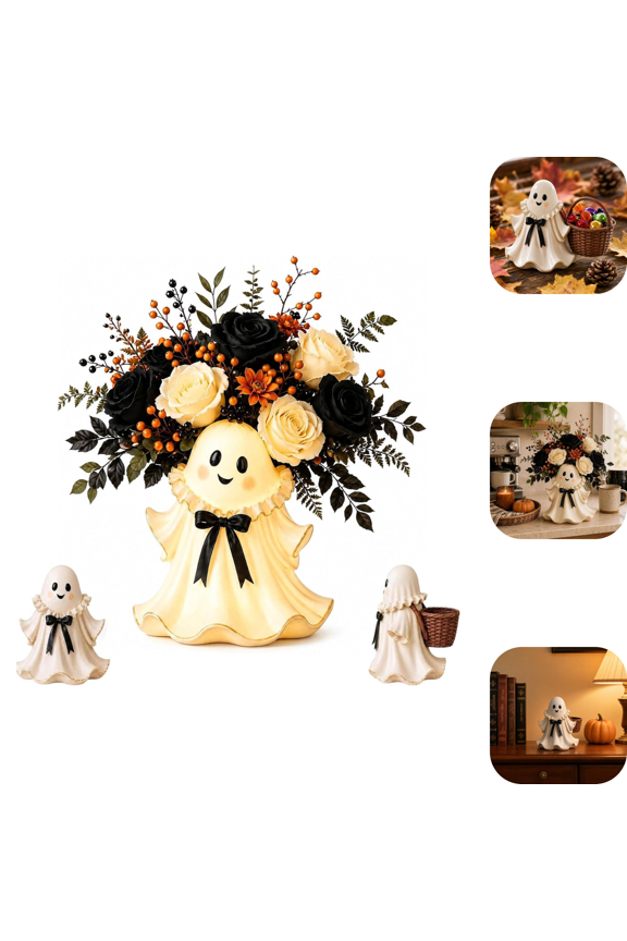 Halloween Cute Ghost Wicker Basket Tabletop Decor, White Resin Ghost With Bow, Neutral Living Room Tabletop Centerpiece Harmonize With Halloween Blanket Light-Up