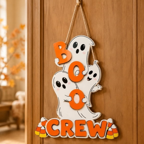 Halloween Cute Ghost Wooden Door Hanger,Candy Corn Wall Sign for Indoor,Porch,Mantel,Home,Office,Holiday Gift Decor,11.8x9.7 in