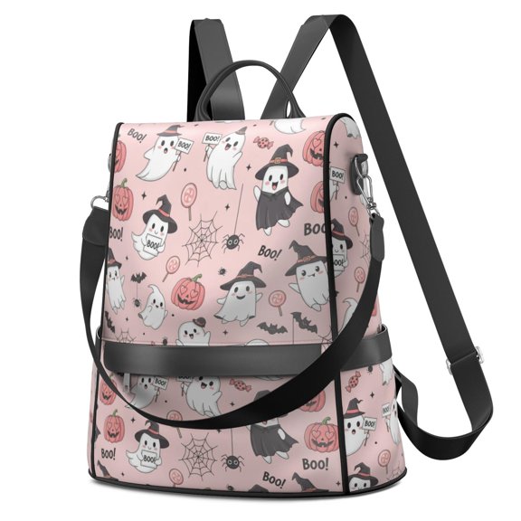 Halloween Cute Ghosts with Boo Fashion Backpack, Convertible Shoulder Bag with Side Bottle Pockets & Convertible Strap, Water Repellent Polyester Gifts for Women Casual Use