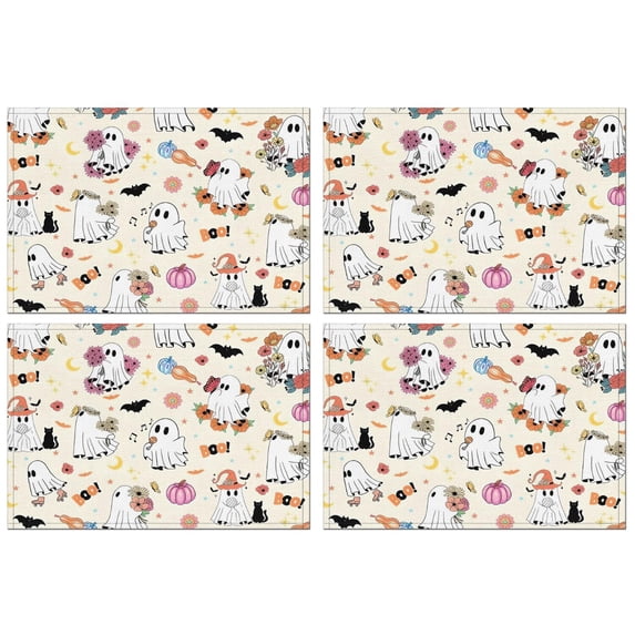 Halloween Cute Ghosts with Boo Summer Placemats Table Placemats Set Of 4-Linen Kitchen Washable Placemats Table Mats 11.8"x17.7" Non-Slip Heat Resistant