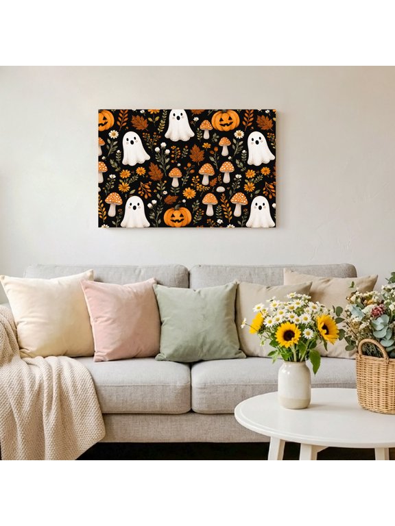 Halloween Cute Ghosts Framed Canvas Wall Art Print in USA,Canvas Pictures Painting Prints Small Pumpkins Mushrooms Wall Artwork for Home Office Living Room Bedroom Decor,10"x8"