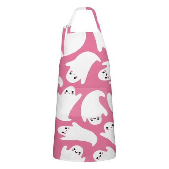 Halloween Cute Ghosts on Pink Apron-Garden Aprons for Women with Pockets-Cotton Linen Waterproof Kitchen Cooking Gardening Aprons Adjustable for Kitchen,Cooking,BBQ and Salon 32"x27"