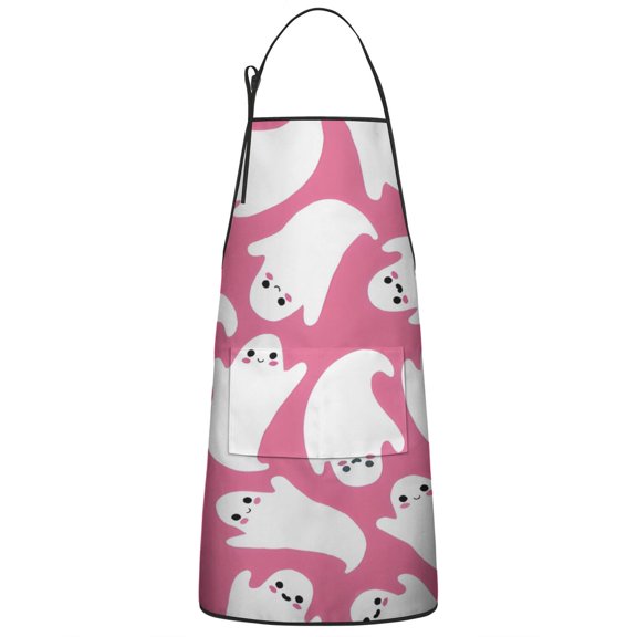 Halloween Cute Ghosts on Pink Pattern Apron-Garden Aprons for Women with Pockets-Cotton Linen Waterproof Kitchen Cooking Gardening Aprons Adjustable for Kitchen,Cooking,BBQ and Salon 33"x27"