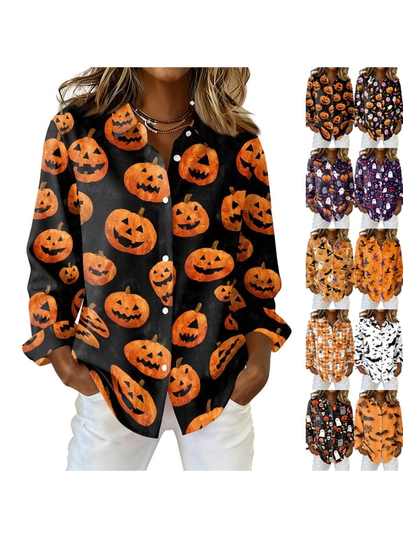 Halloween Cute Goast Pumpkin Collared Button Down Long Sleeve Shirts for Women Loose Fit Casual Blouses Lightweight Tops Autumn Daily Outfits,L,Black